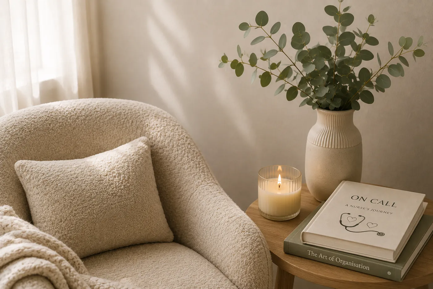 A cosy armchair beside a side table with a candle and a book titled On Call