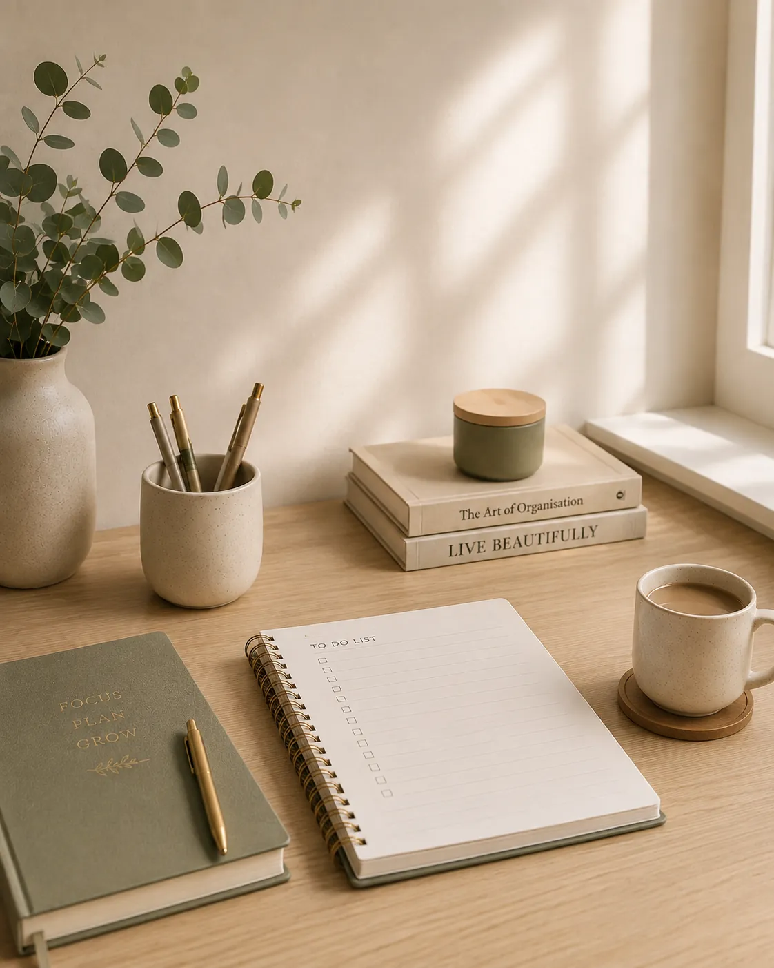 A tidy desk with notebooks, pens and a cup of coffee