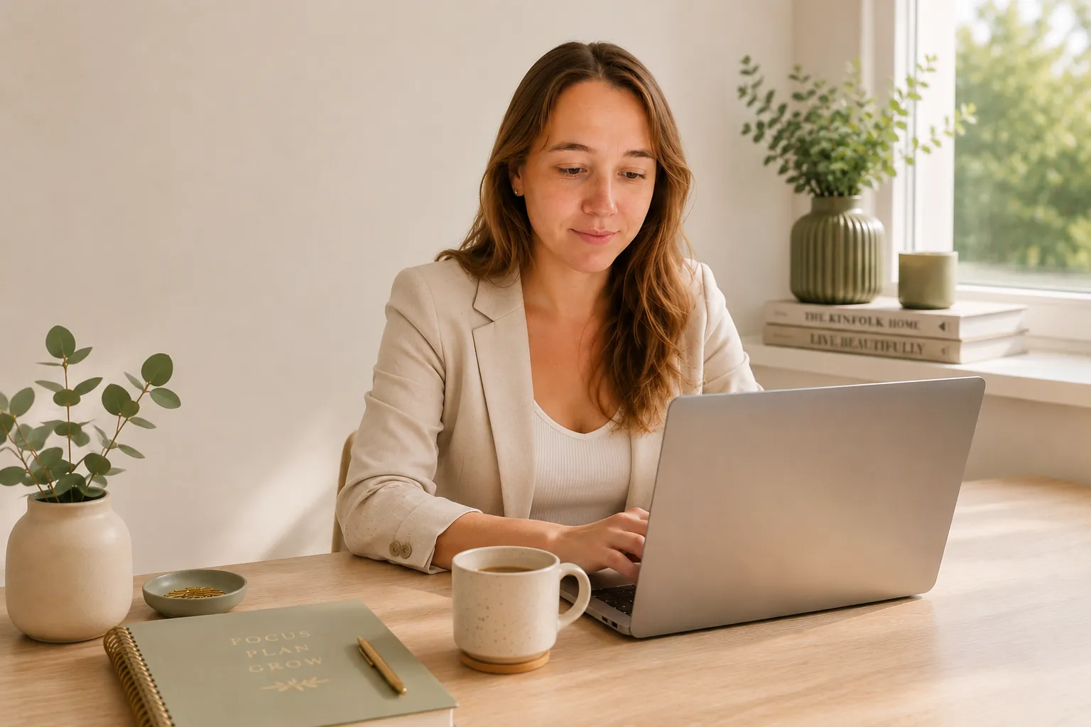 Working at a calm, tidy desk with a laptop and a cup of coffee